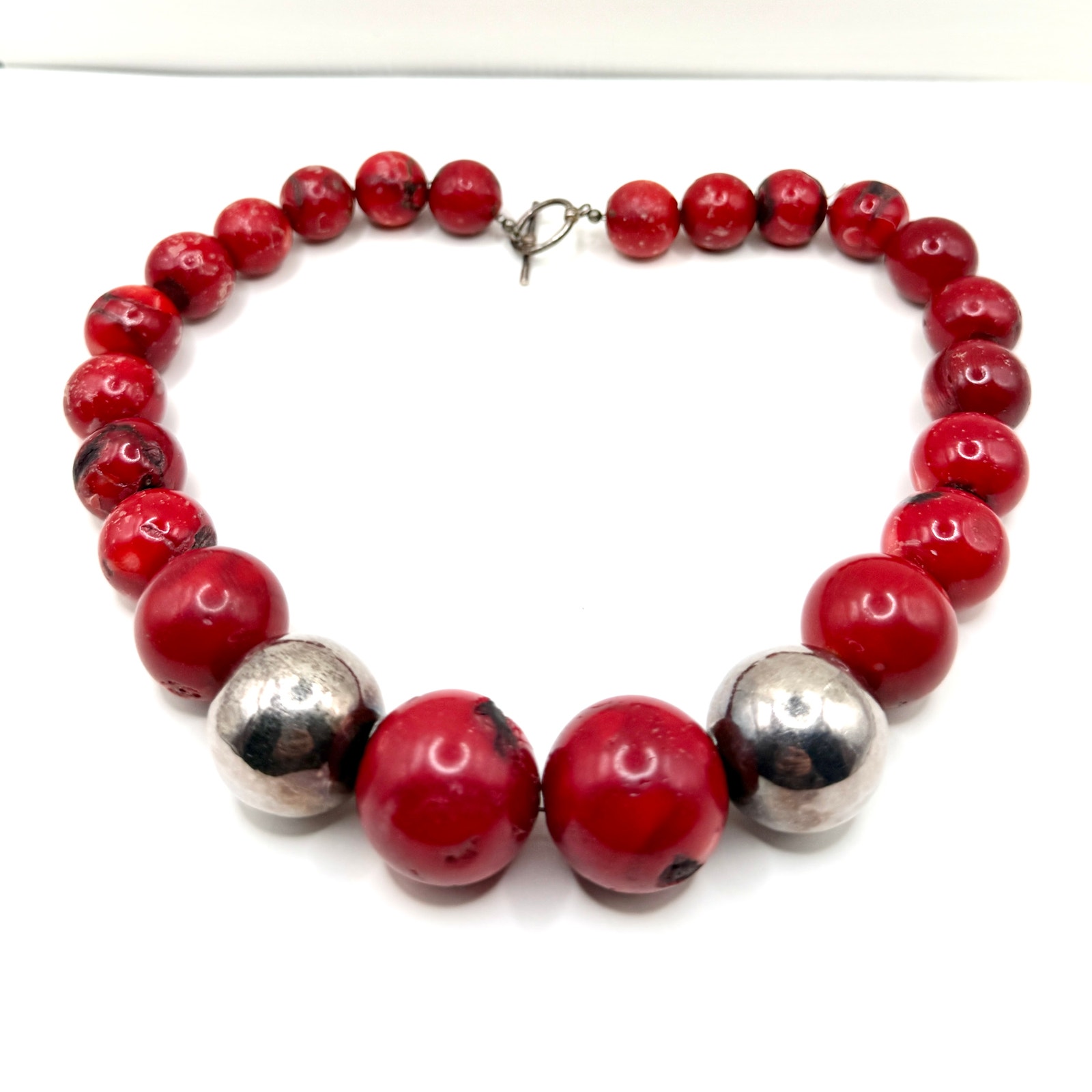 Vintage 90s Massive Genuine Red Coral Chunky Silver Toggle Statement Necklace